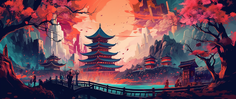 国潮风建筑与山水古风背景,插画/手绘图,插画/手绘图库,插画/手绘图下载,插画/手绘